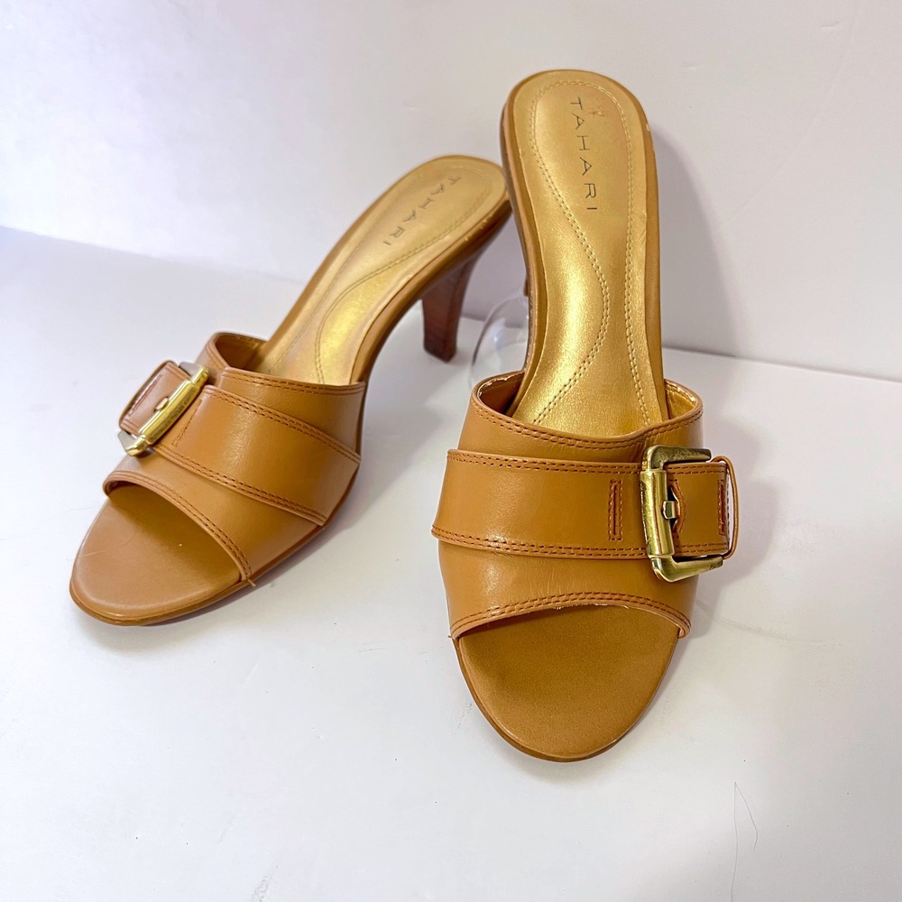 Tahari Bedford Leather Mules Womens Size 7M Tan Brown Gold Buckle Heel Sandals‎